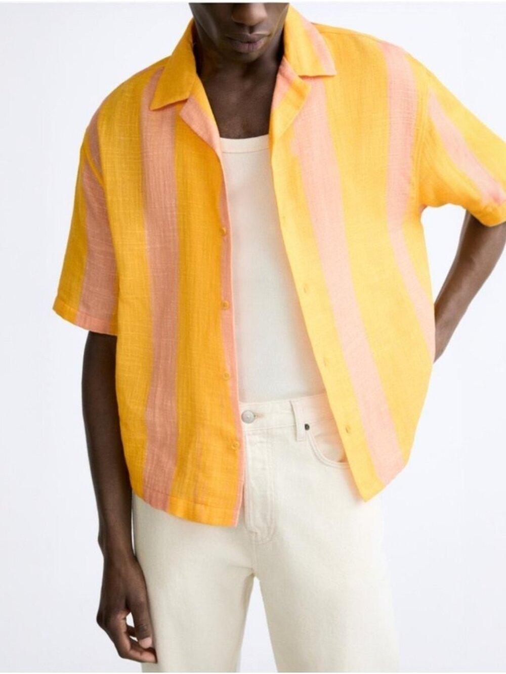 Zara 100% cotton yellow & orange striped cropped crinkle textured boxy shirt XL